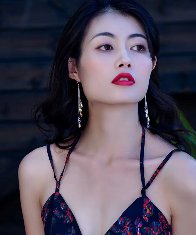 Pendientes colgantes con borlas de cristal de plata de ley con arcoíris de moda