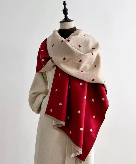 Fashion Red Heart Print Wear On Both Sides Faux Cashmere Scarf