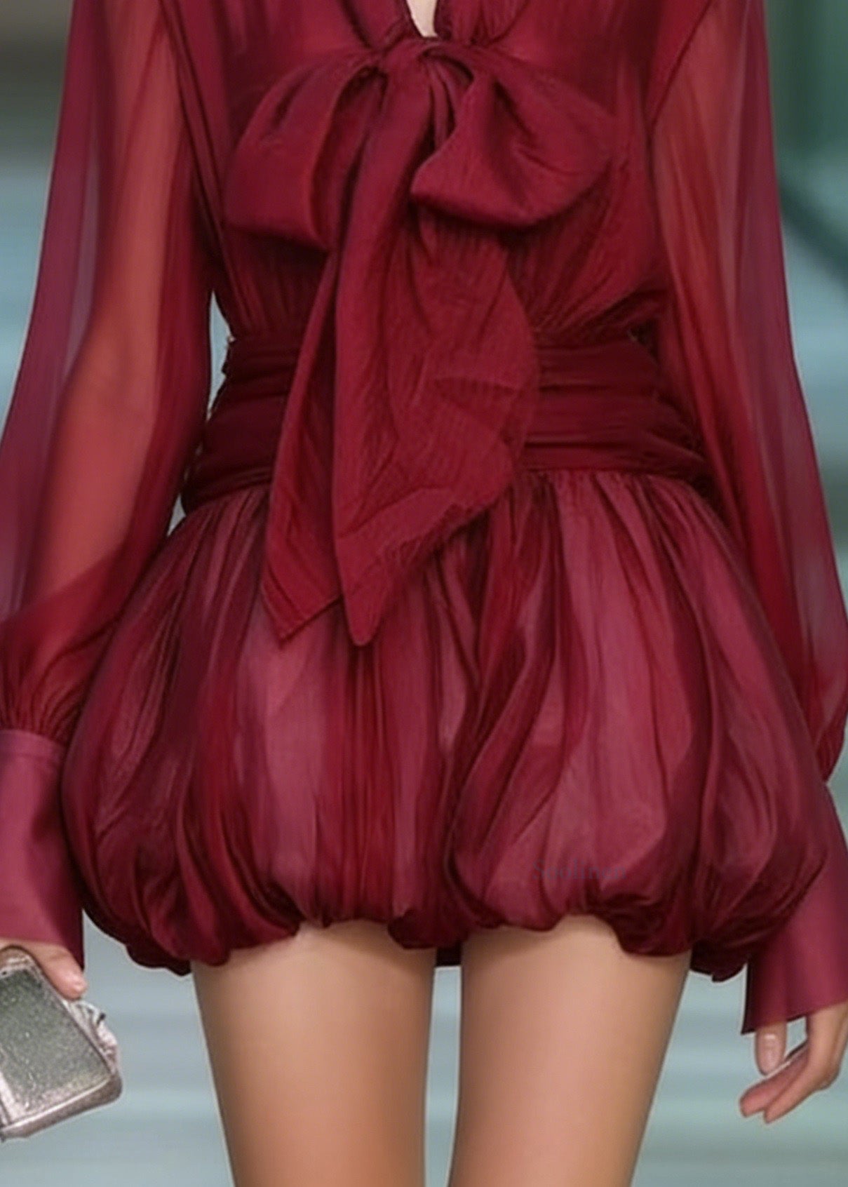 Fashion Red Lace Up Patchwork Chiffon Mini Dress Spring