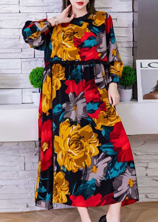 Mode Rot O-Ausschnitt Cinched Floral Print Seide Strandkleider Frühling