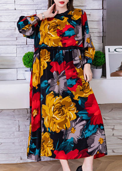 Mode Rot O-Ausschnitt Cinched Floral Print Seide Strandkleider Frühling