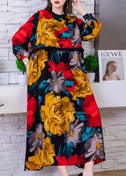 Mode Rot O-Ausschnitt Cinched Floral Print Seide Strandkleider Frühling