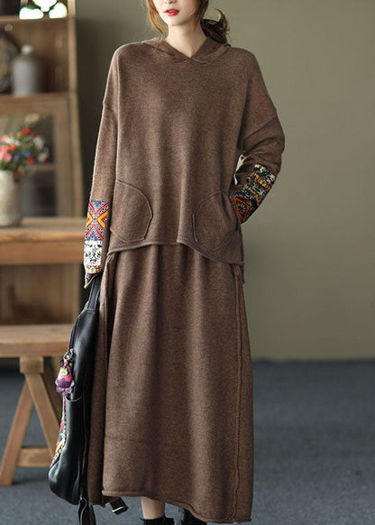 Fashion Red Oriental hooded Knit Fall Two Pieces Set