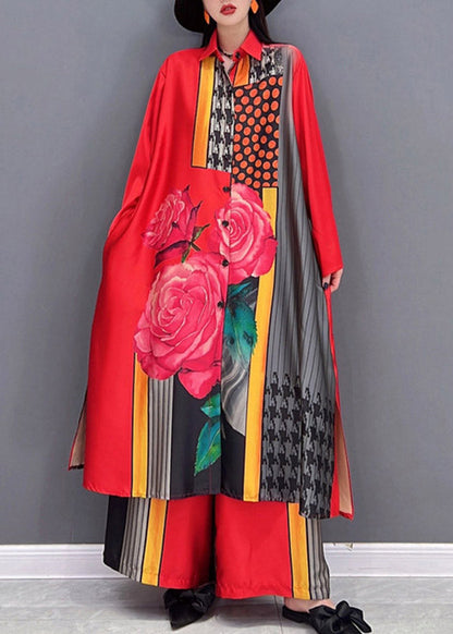 Modisches rotes Peter-Pan-Kragen-Langhemd mit seitlichem Druck und weiten Hosen, zweiteilig, langärmelig