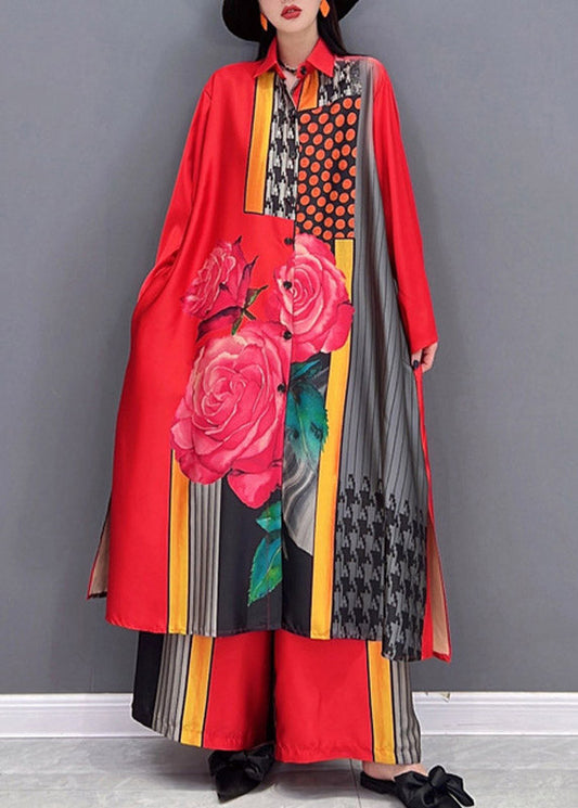 Modisches rotes Peter-Pan-Kragen-Langhemd mit seitlichem Druck und weiten Hosen, zweiteilig, langärmelig