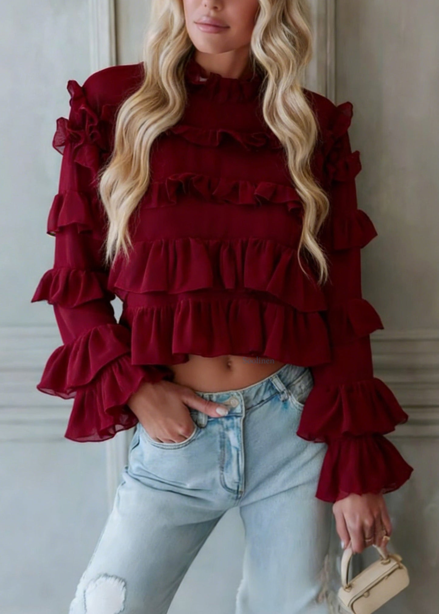 Fashion Red Ruffled Patchwork Chiffon Blouse Top Spring