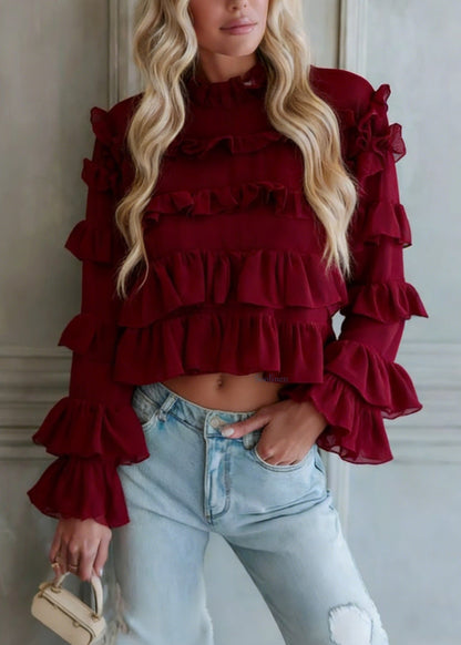 Fashion Red Ruffled Patchwork Chiffon Blouse Top Spring