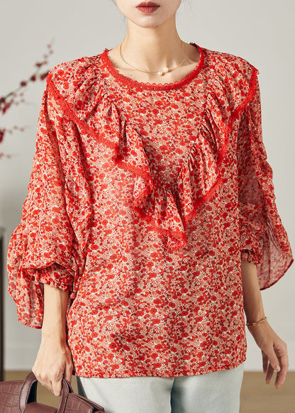 Mode Rot Rüschen Print Chiffon Bluse Top Schmetterling Ärmel