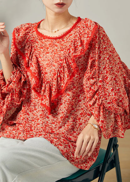 Mode Rot Rüschen Print Chiffon Bluse Top Schmetterling Ärmel