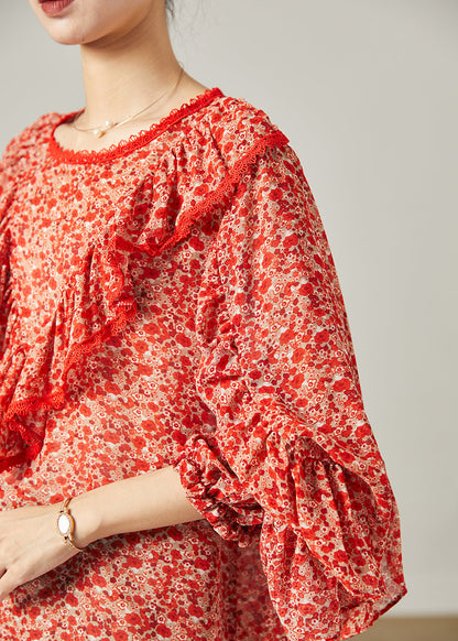 Mode Rot Rüschen Print Chiffon Bluse Top Schmetterling Ärmel