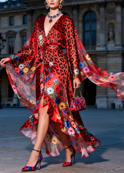 Fashion Red Ruffled Print Chiffon Maxi Dresses Summer
