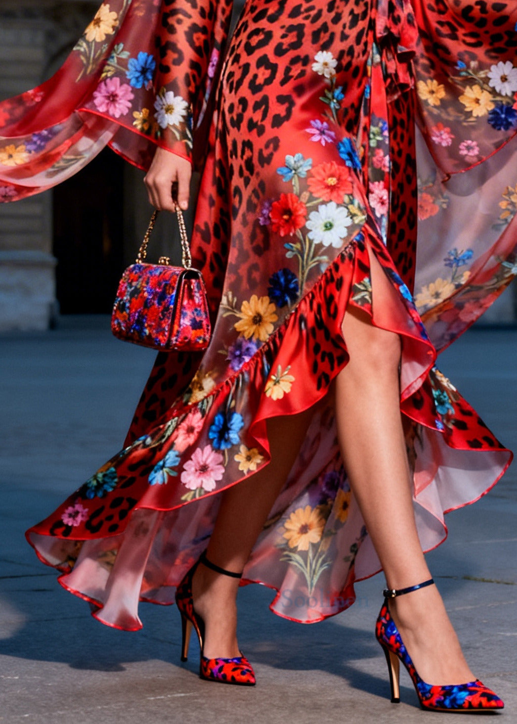 Fashion Red Ruffled Print Chiffon Maxi Dresses Summer