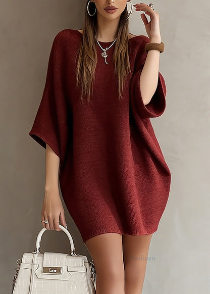 Fashion Red Slash Neck Knit Sweater Dress Batwing Sleeve