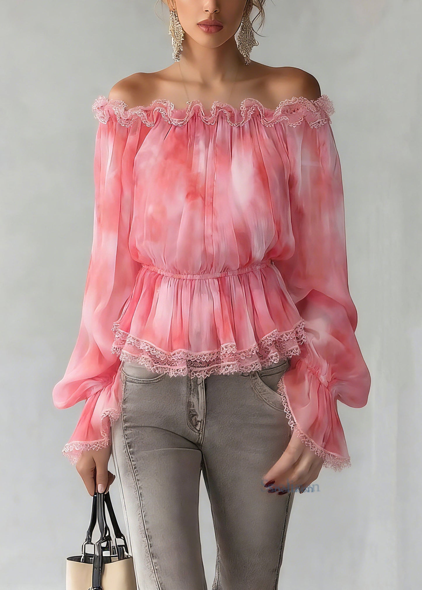 Fashion Red Slash Neck Patchwork Tunic Silk Shirts Spring