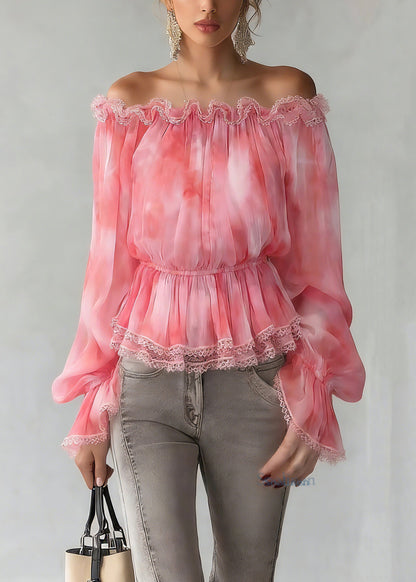 Fashion Red Slash Neck Patchwork Tunic Silk Shirts Spring