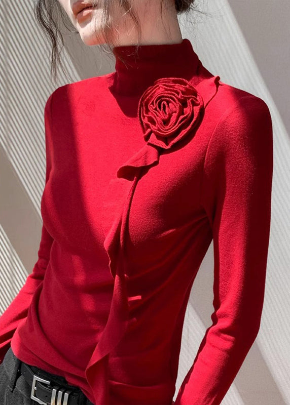 Modisches rotes Baumwollhemd mit Stehkragen und Blumenmuster – Frühlingsmode