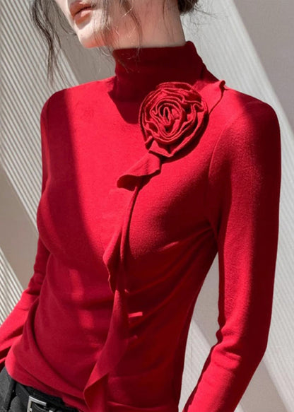 Modisches rotes Baumwollhemd mit Stehkragen und Blumenmuster – Frühlingsmode