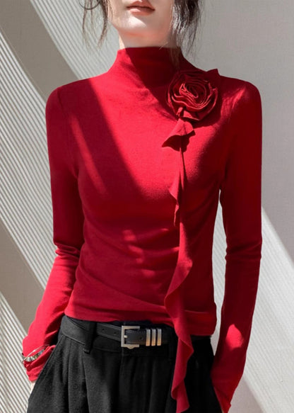 Modisches rotes Baumwollhemd mit Stehkragen und Blumenmuster – Frühlingsmode