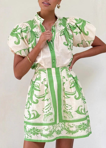 Fashion Red Stand Collar Print Shirts And Skirts Two Pieces Set Summer