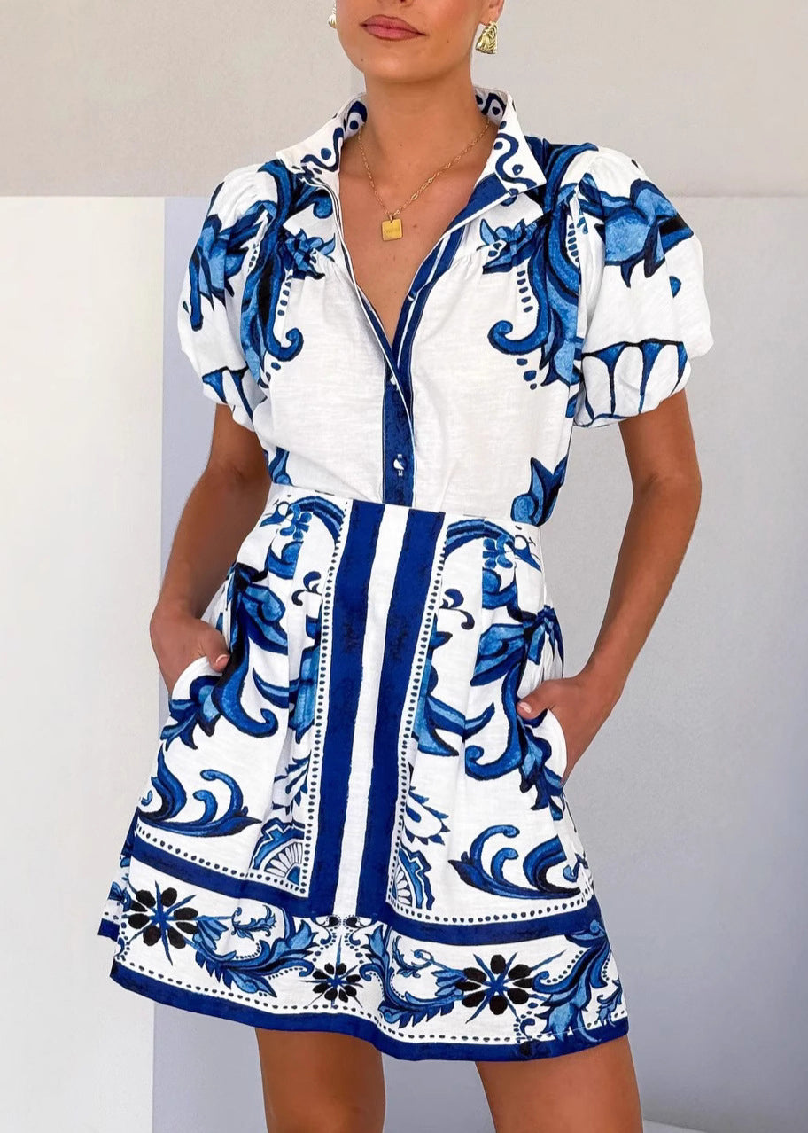 Fashion Red Stand Collar Print Shirts And Skirts Two Pieces Set Summer