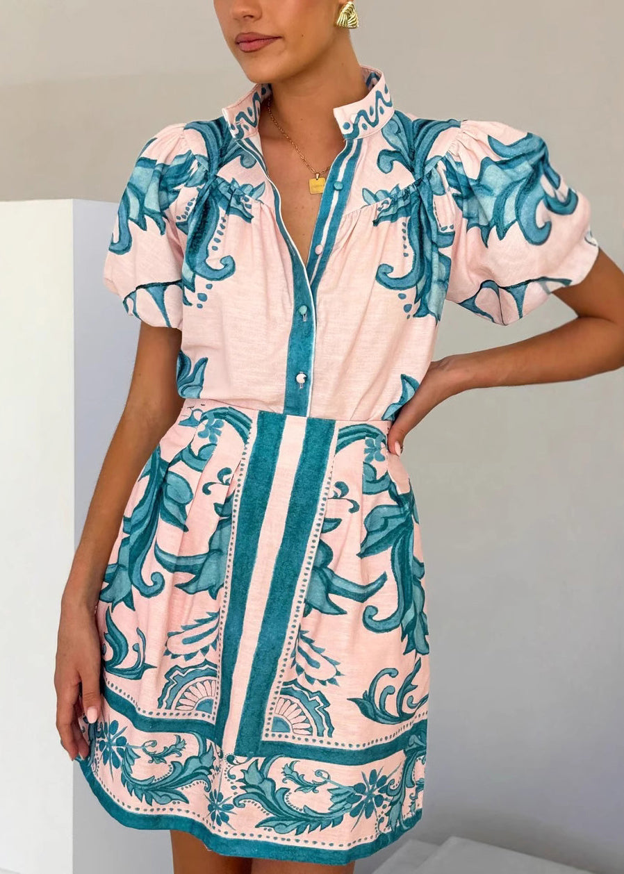 Fashion Red Stand Collar Print Shirts And Skirts Two Pieces Set Summer