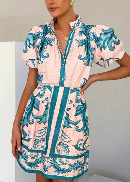 Fashion Red Stand Collar Print Shirts And Skirts Two Pieces Set Summer