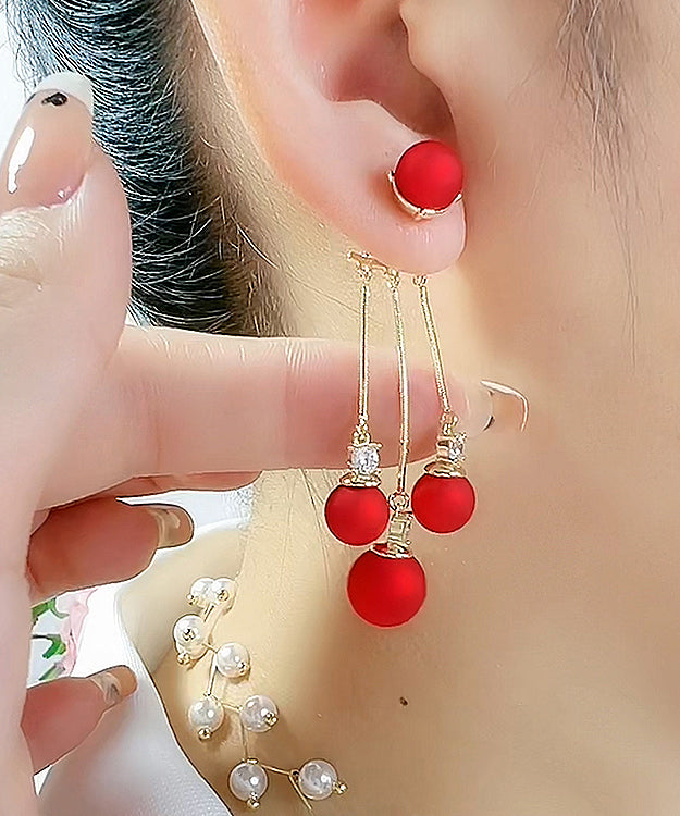 Pendientes colgantes con borlas de circonita y perla dorada de plata esterlina roja de moda