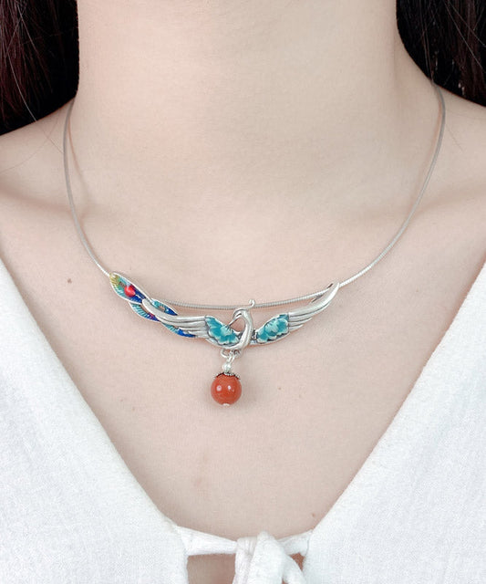 Modische Halskette mit Phönix-Anhänger aus rotem Achat aus Sterlingsilber