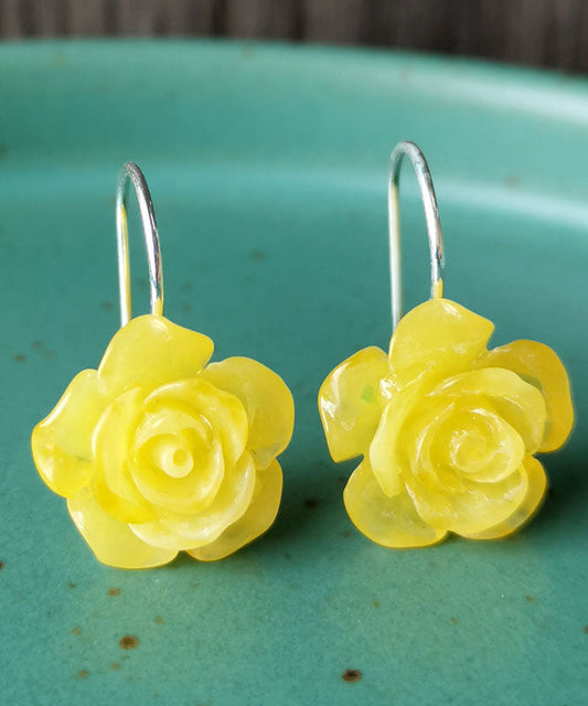 Pendientes colgantes de rosa de cera de abejas y cinabrio de plata de ley roja de moda