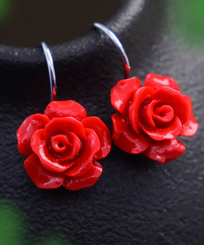 Pendientes colgantes de rosa de cera de abejas y cinabrio de plata de ley roja de moda