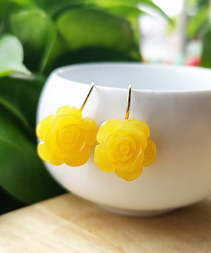 Pendientes colgantes de rosa de cera de abejas y cinabrio de plata de ley roja de moda