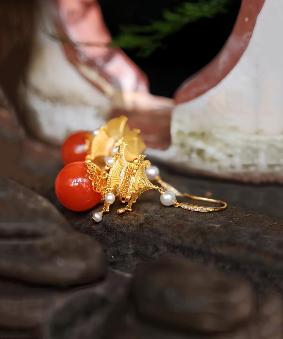 Pendientes colgantes de plata de ley roja con ágata dorada y perla de pabellón