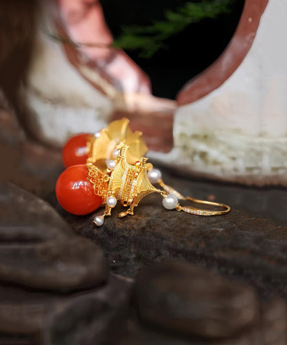 Pendientes colgantes de plata de ley roja con ágata dorada y perla de pabellón