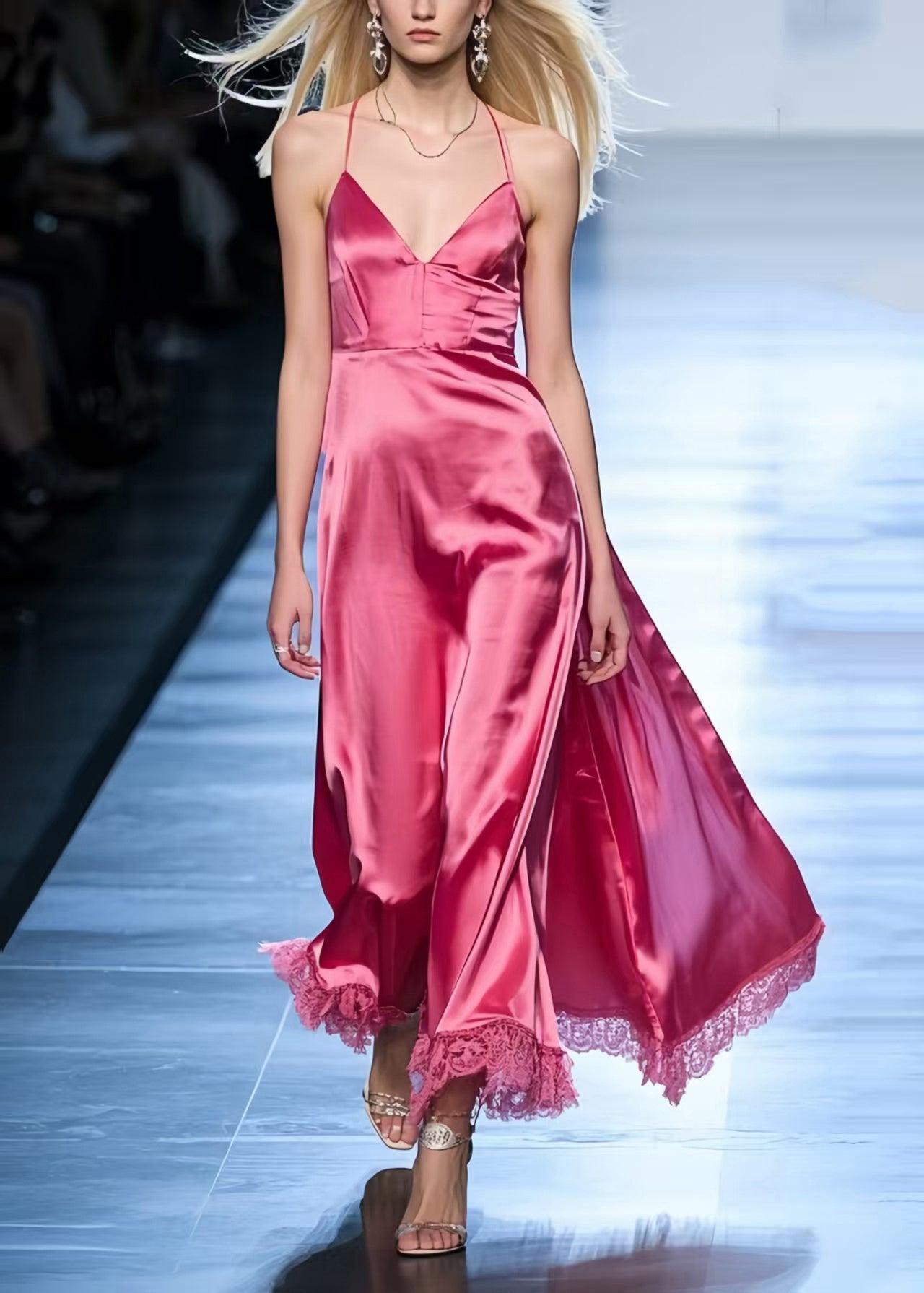 Fashion Rose Exra Large Hem Patchwork Lace Silk Halter Dress Summer