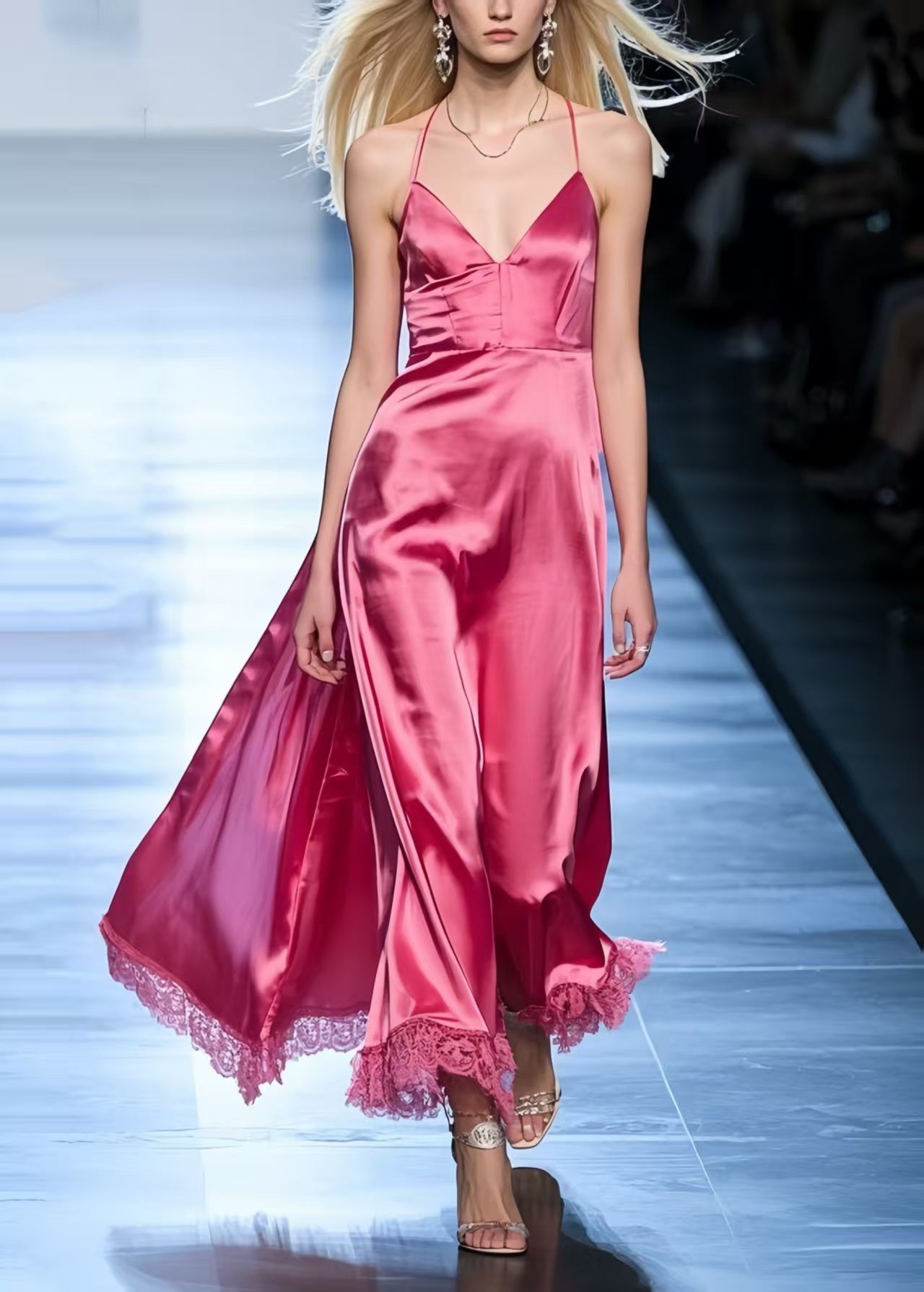 Fashion Rose Exra Large Hem Patchwork Lace Silk Halter Dress Summer