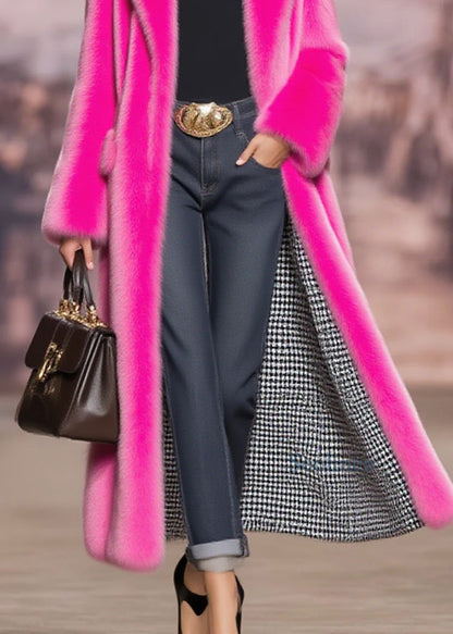 Fashion Rose Peter Pan Collar Pockets Faux Fur Coat Winter