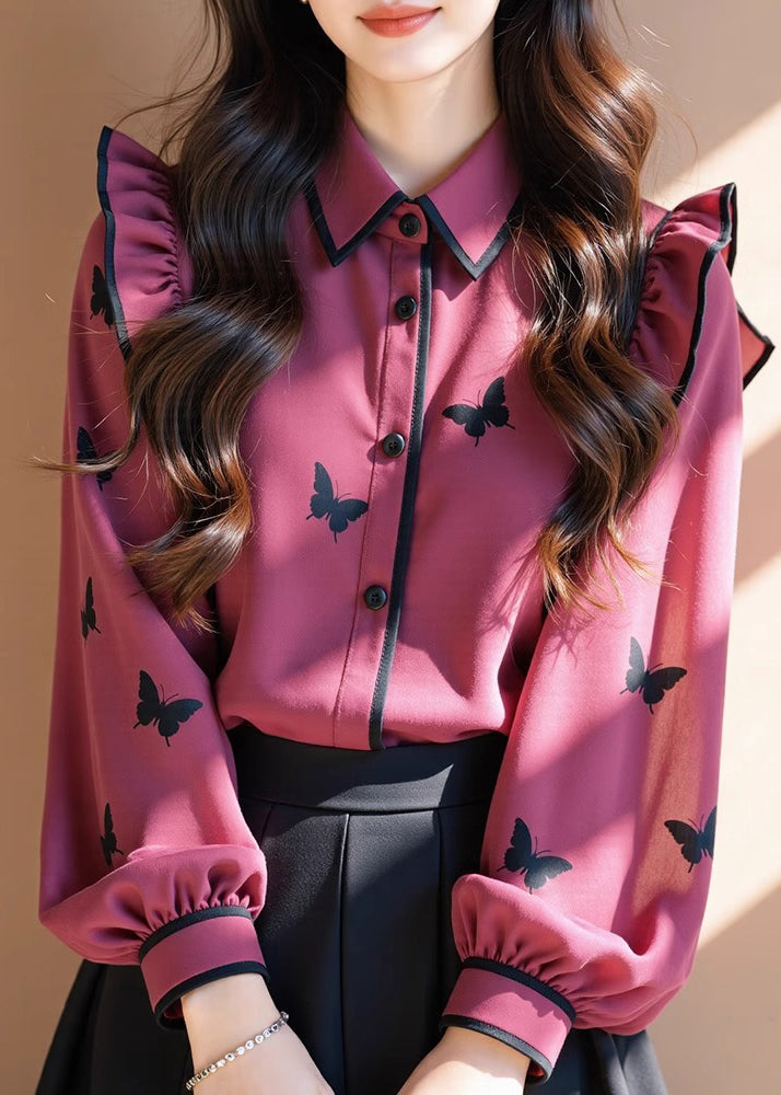 Modische Chiffonbluse mit Rüschen und Peter-Pan-Kragen-Print mit Rosenmuster für den Frühling