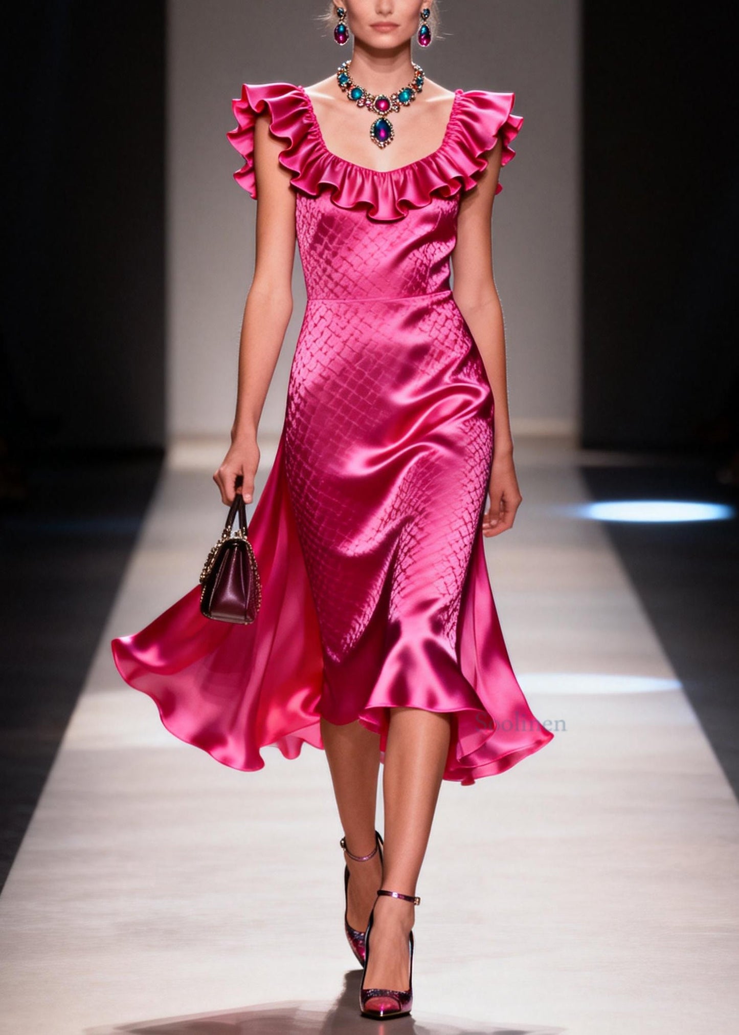 Fashion Rose Ruffled Patchwork Silk Holiday Dress Summer