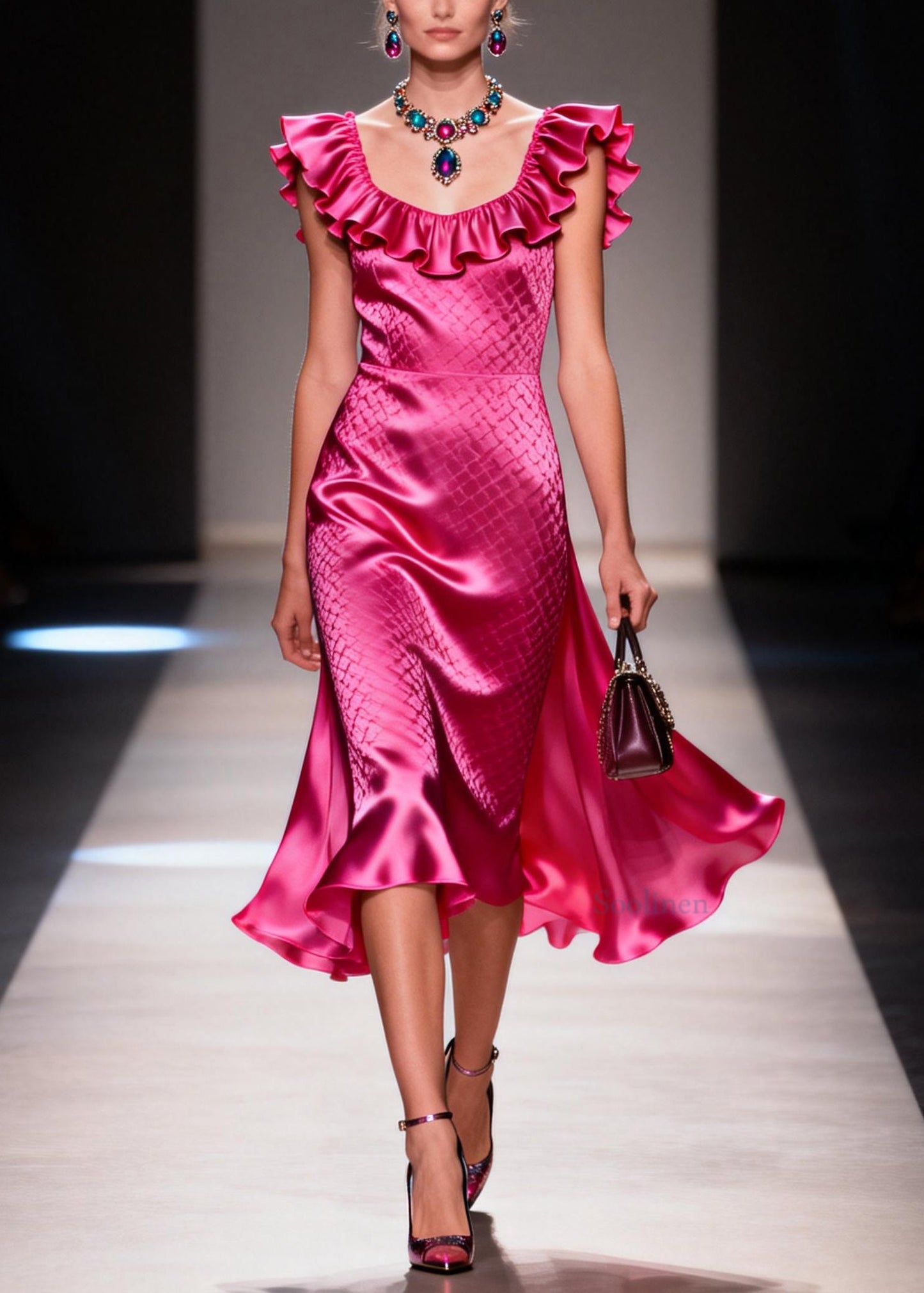 Fashion Rose Ruffled Patchwork Silk Holiday Dress Summer