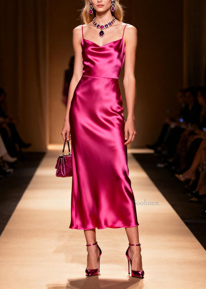 Fashion Rose Silk Spaghetti Strap Dress Summer