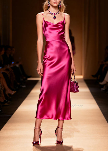 Fashion Rose Silk Spaghetti Strap Dress Summer