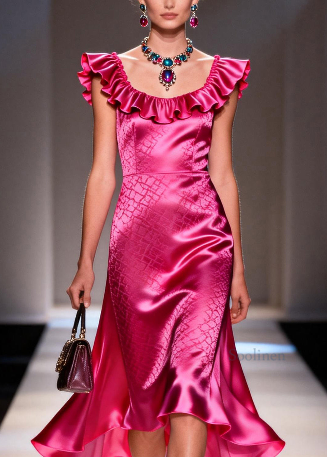 Fashion Rose U Neck Ruffled Patchwork Silk Dress Summer