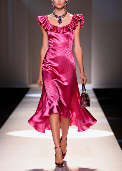 Fashion Rose U Neck Ruffled Patchwork Silk Dress Summer