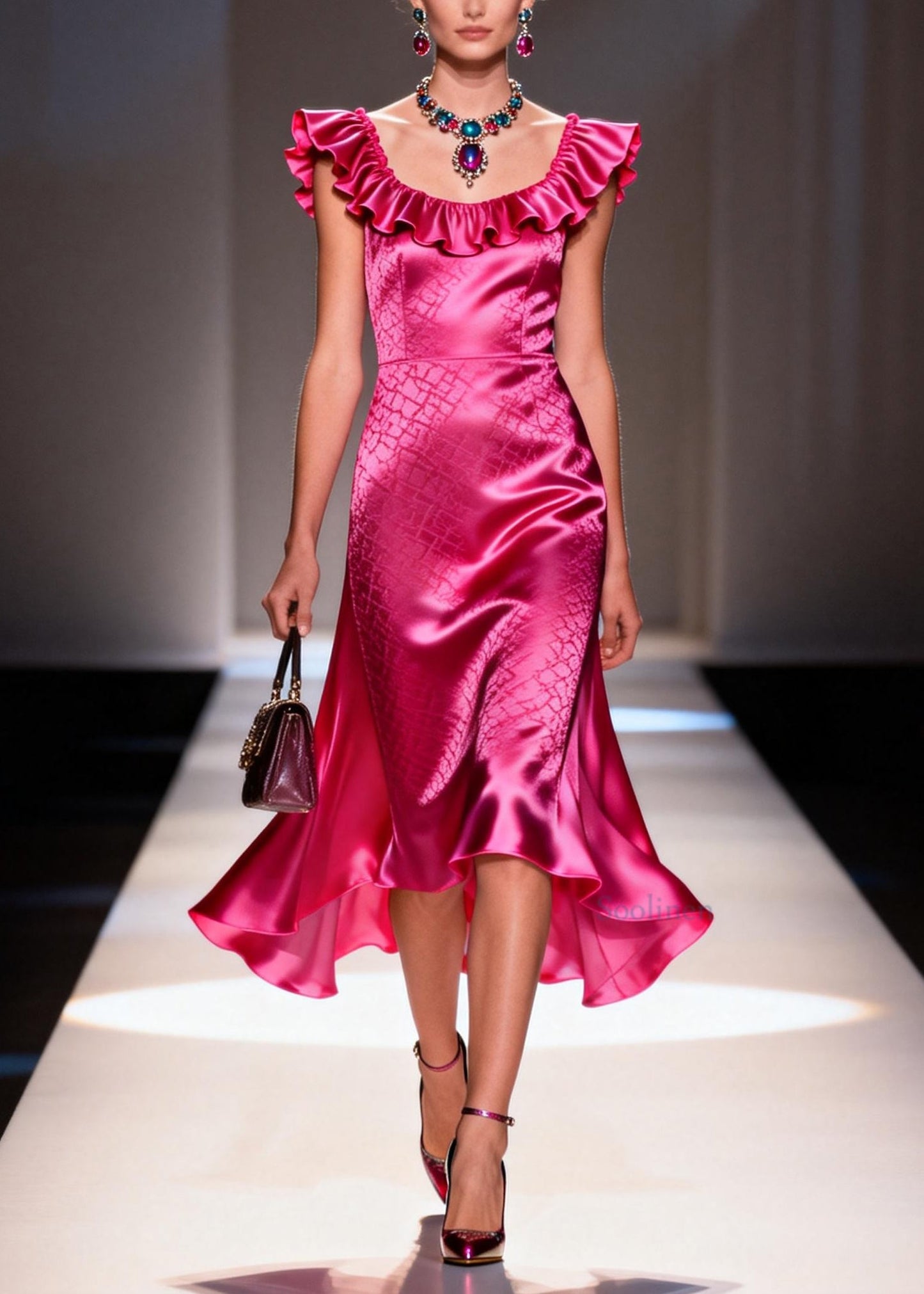 Fashion Rose U Neck Ruffled Patchwork Silk Dress Summer
