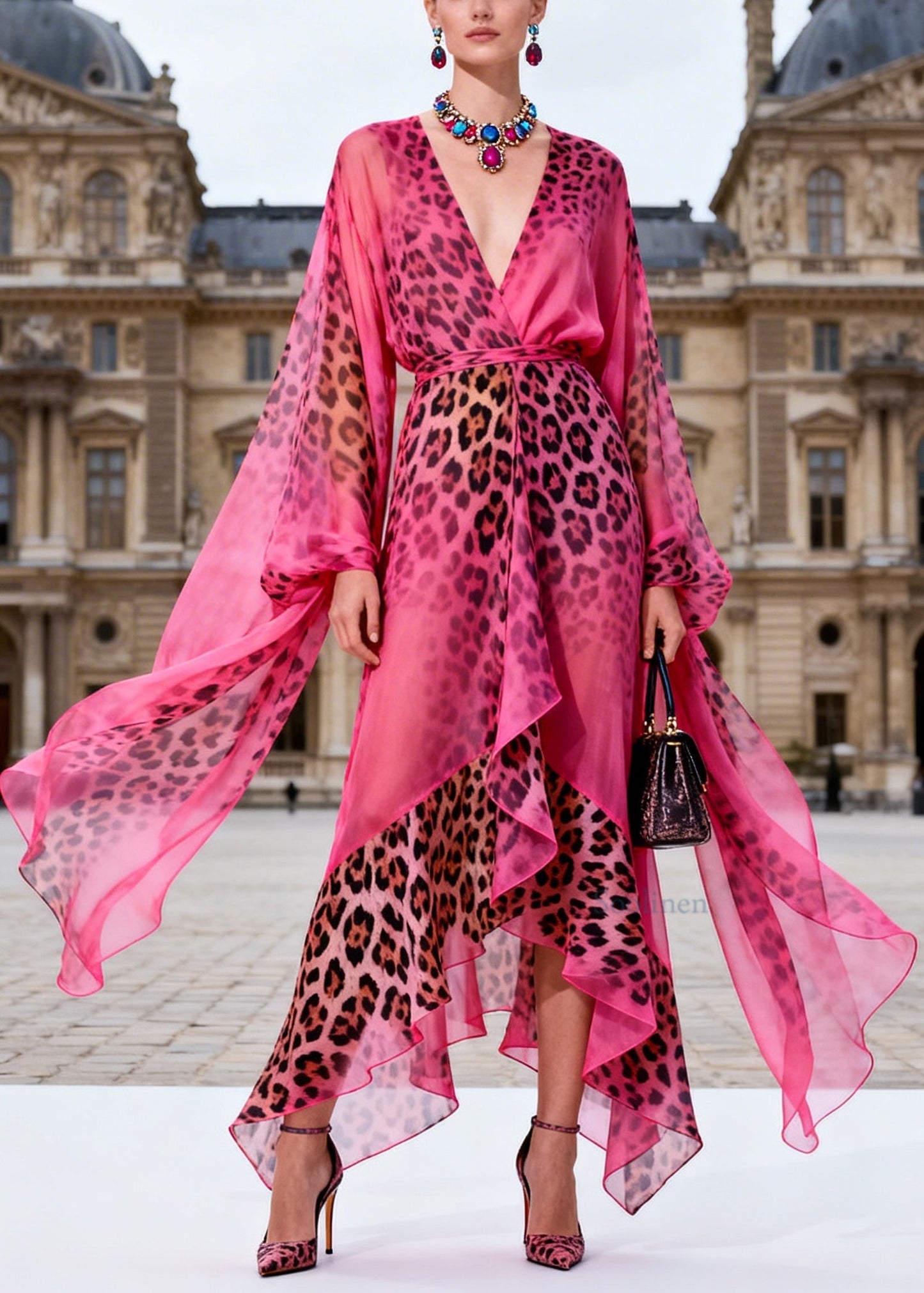 Fashion Rose V Neck Asymmetrical Design Leopard Print Chiffon Dress Summer