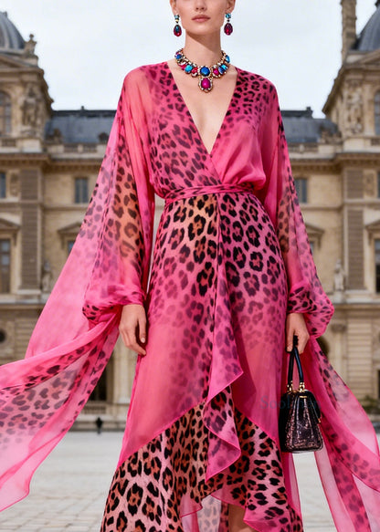 Fashion Rose V Neck Asymmetrical Design Leopard Print Chiffon Dress Summer