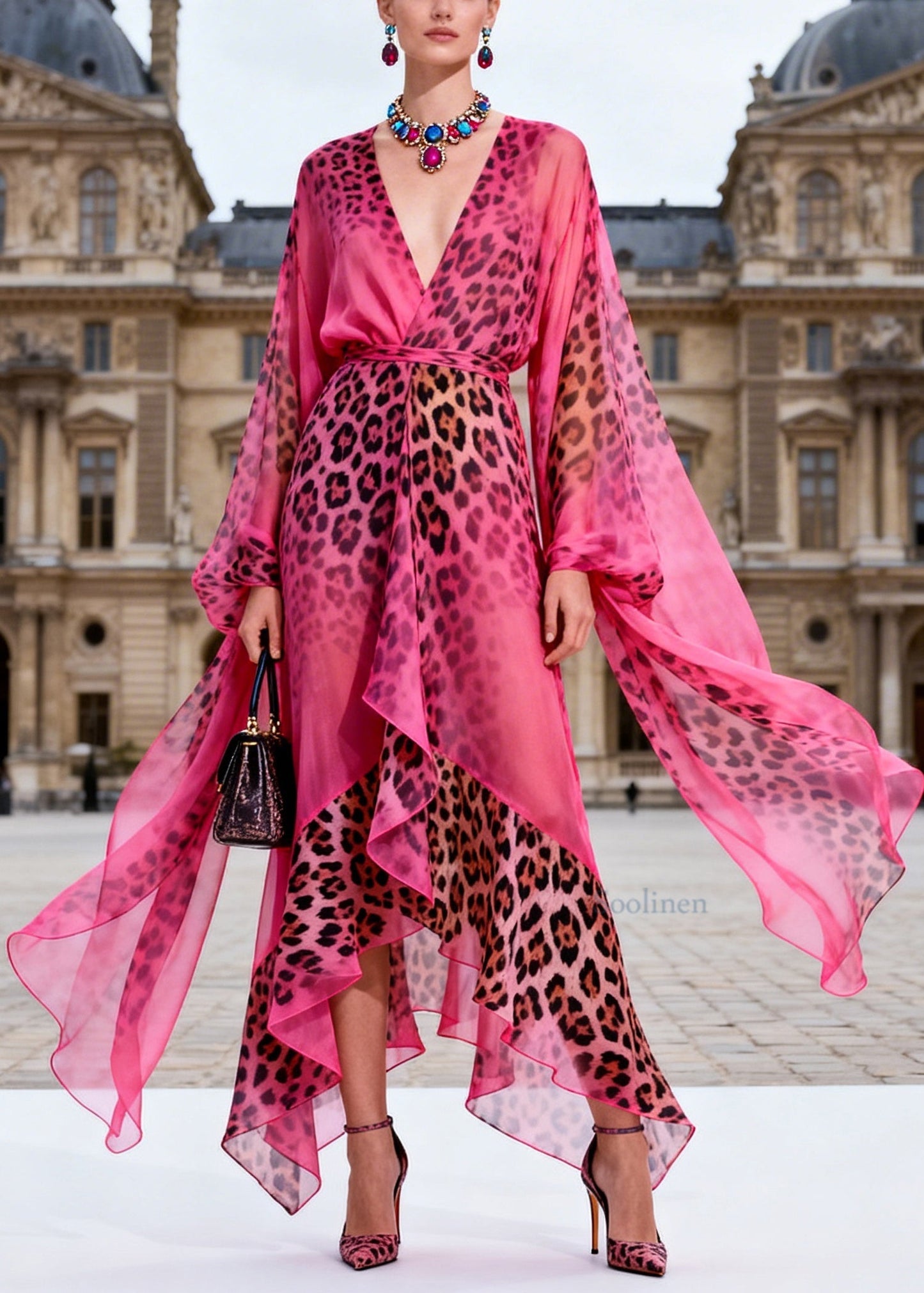 Fashion Rose V Neck Asymmetrical Design Leopard Print Chiffon Dress Summer