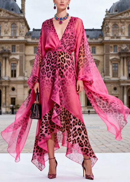 Fashion Rose V Neck Asymmetrical Design Leopard Print Chiffon Dress Summer