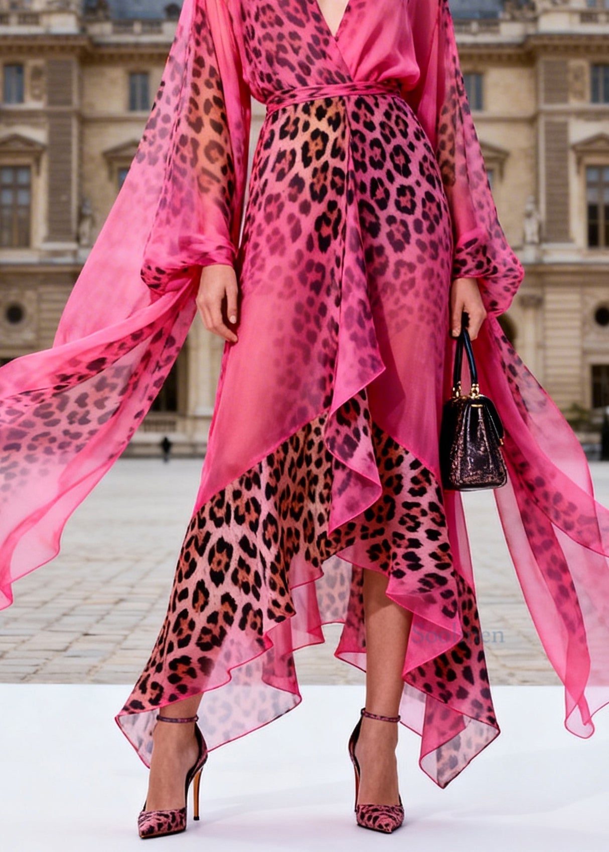 Fashion Rose V Neck Asymmetrical Design Leopard Print Chiffon Dress Summer