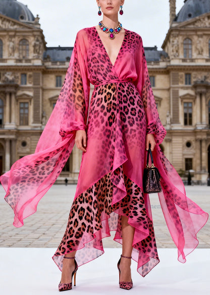Fashion Rose V Neck Asymmetrical Design Leopard Print Chiffon Dress Summer